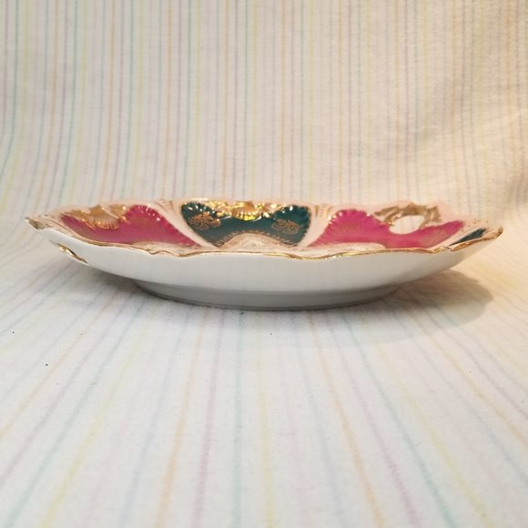 Antique JPF Germany Porcelain Gilded Cake Plate Double Handles Pink Magenta Teal - Picture 7 of 7